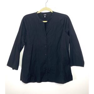 Eileen Fisher Black Button Down 3/4 Sleeve Cotton Spandex Minimalist Shirt Top M